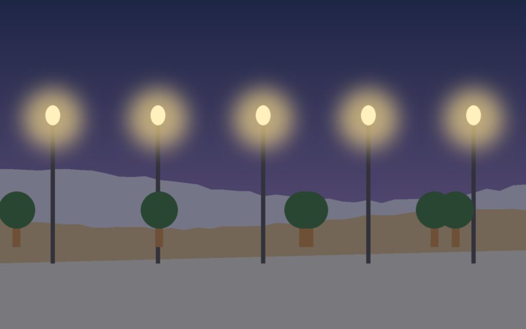 Ilustración de un paseo con farolas encendidas al anochecer