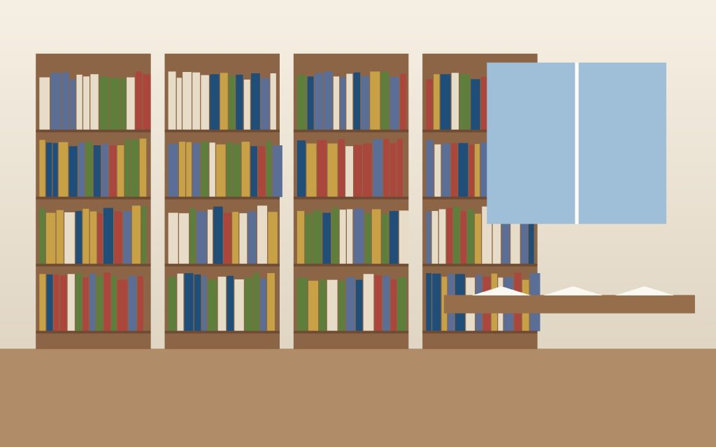Ilustración de una sala de biblioteca con estanterías llenas de libros y una ventana