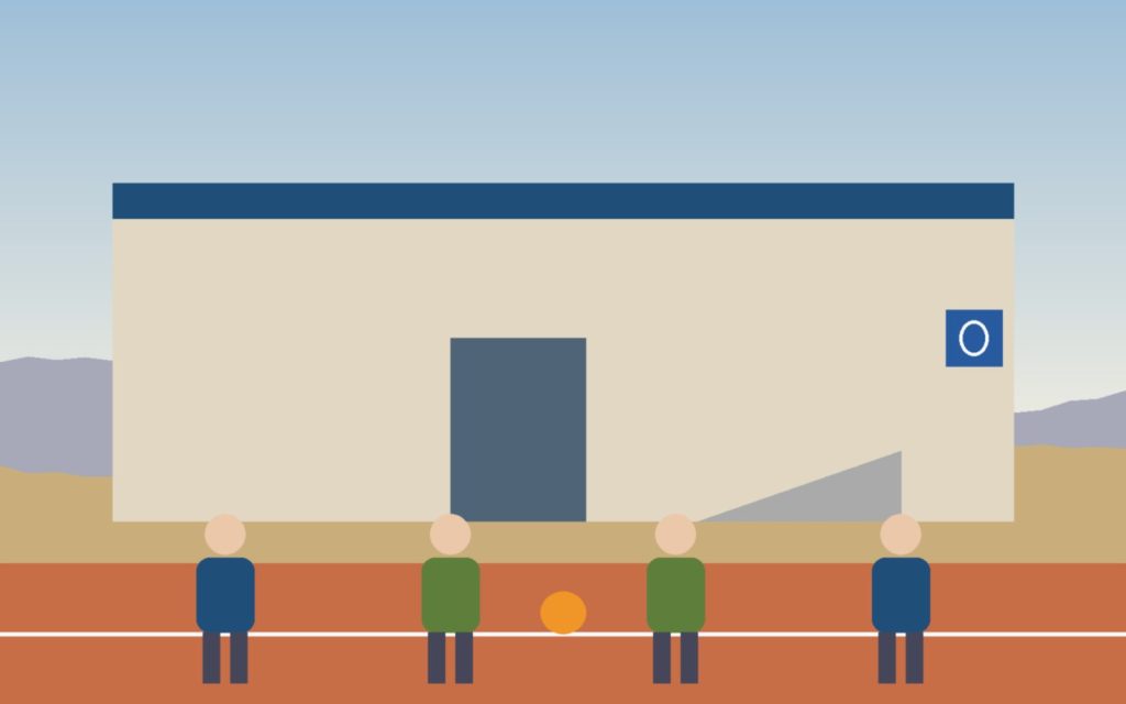 Ilustración de niños jugando en una pista deportiva junto al pabellón